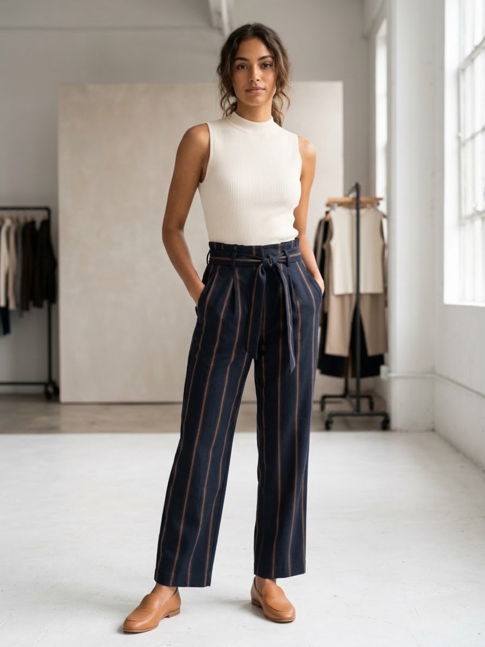 Striped Navy Paperbag-Waist Trousers - Cream/Navy